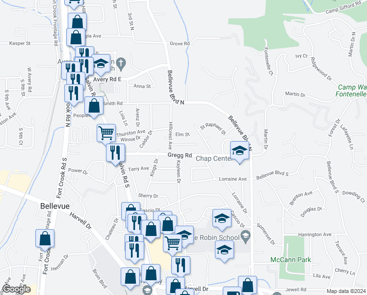 map of restaurants, bars, coffee shops, grocery stores, and more near 1603 Sycamore Street in Bellevue