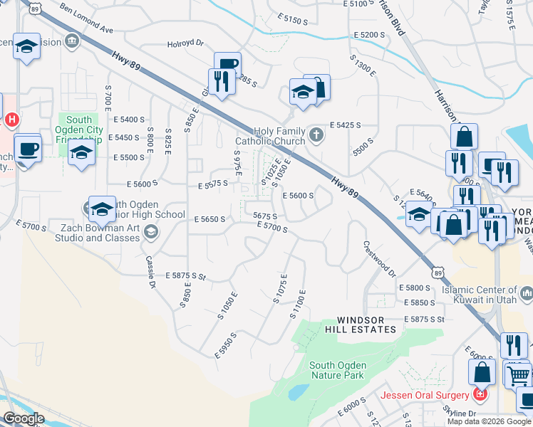 map of restaurants, bars, coffee shops, grocery stores, and more near 1046 East 5675 South in Ogden