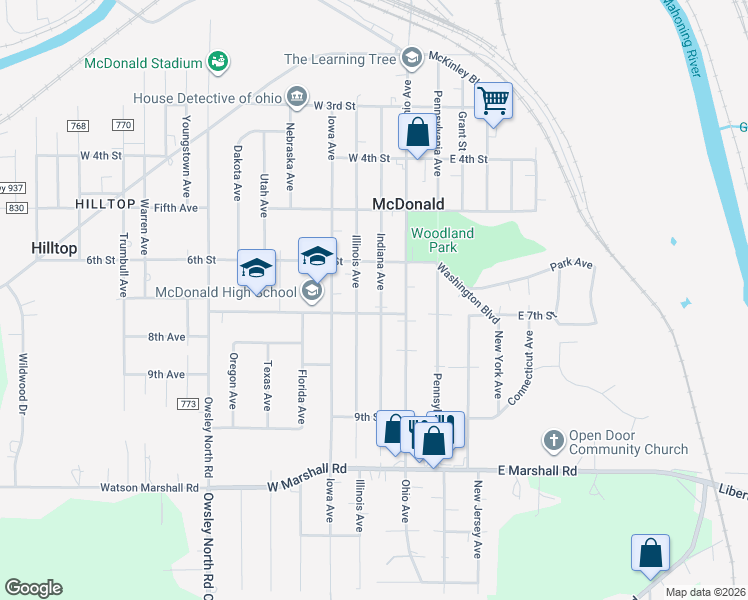 map of restaurants, bars, coffee shops, grocery stores, and more near 201 West 7th Street in McDonald