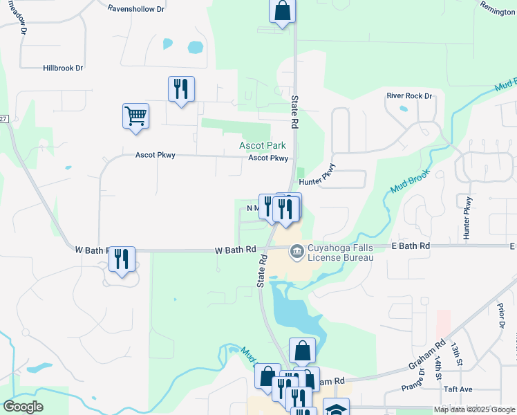 map of restaurants, bars, coffee shops, grocery stores, and more near North Mill Drive in Cuyahoga Falls