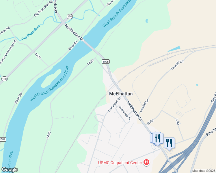 map of restaurants, bars, coffee shops, grocery stores, and more near 26 Railroad Lane in Lock Haven