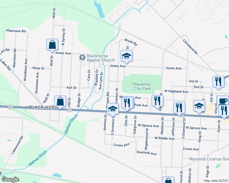 map of restaurants, bars, coffee shops, grocery stores, and more near 6220 Morgan Road in Ravenna