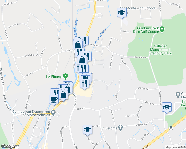 map of restaurants, bars, coffee shops, grocery stores, and more near 111 Foxboro Drive in Norwalk