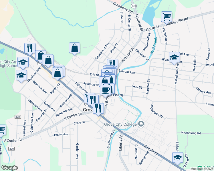 map of restaurants, bars, coffee shops, grocery stores, and more near 153 South Broad Street in Grove City