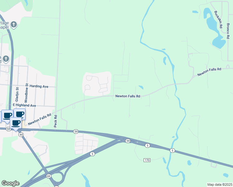 map of restaurants, bars, coffee shops, grocery stores, and more near 5219 Newton Falls Road in Ravenna