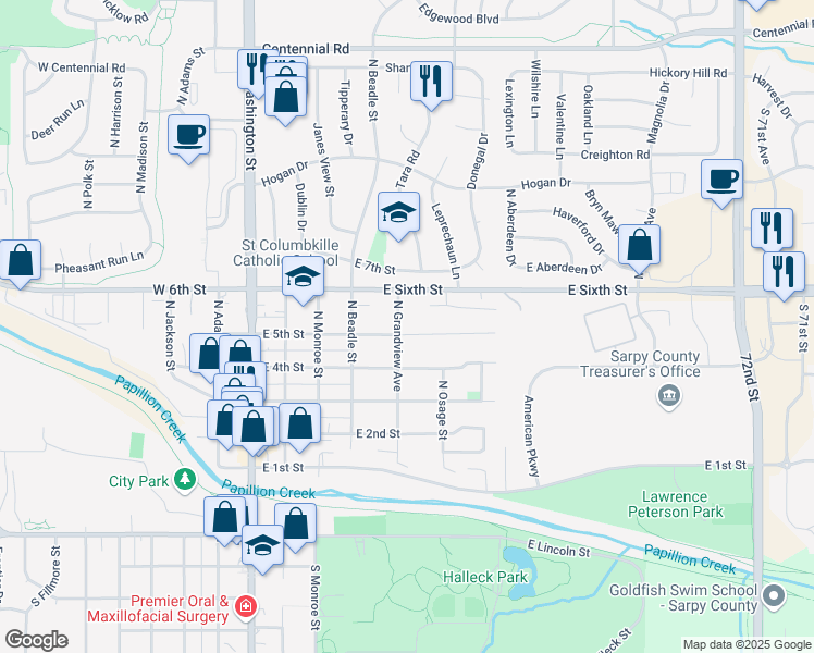 map of restaurants, bars, coffee shops, grocery stores, and more near 430 North Grandview Avenue in Papillion