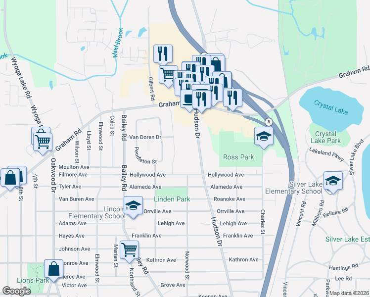 map of restaurants, bars, coffee shops, grocery stores, and more near 3329 Purdue Street in Cuyahoga Falls