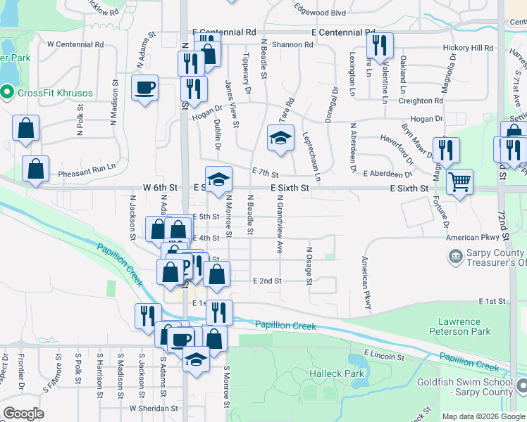 map of restaurants, bars, coffee shops, grocery stores, and more near 430 North Grandview Avenue in Papillion