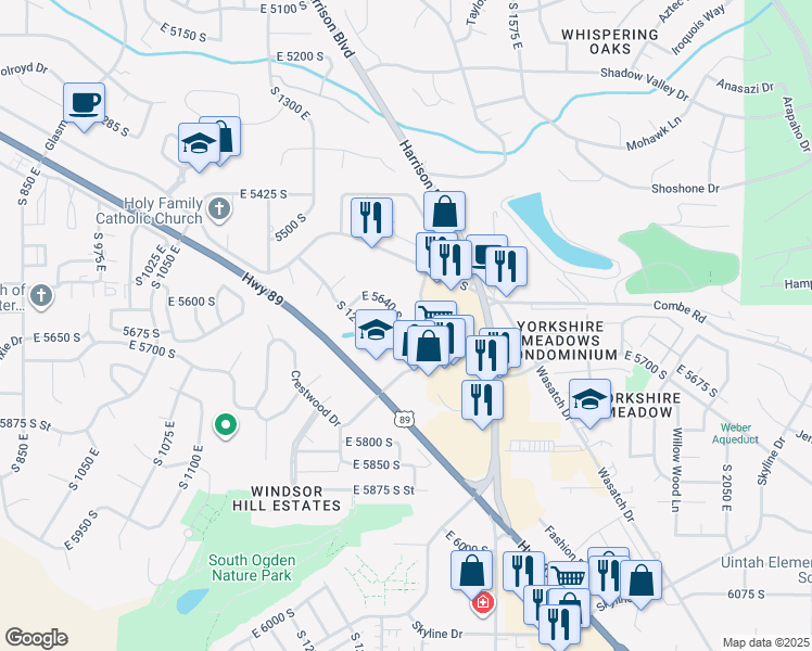 map of restaurants, bars, coffee shops, grocery stores, and more near 5670 South 1425 East in South Ogden