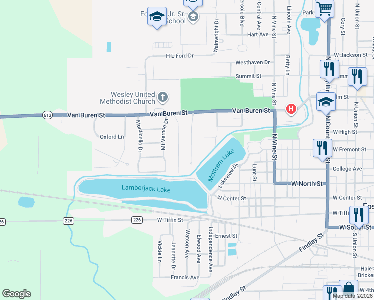 map of restaurants, bars, coffee shops, grocery stores, and more near 411 Burnham Dr in Fostoria