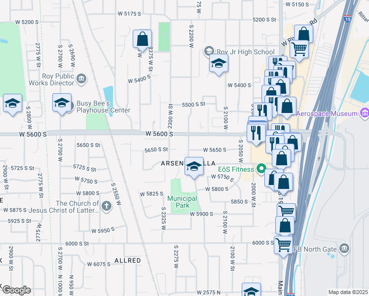 map of restaurants, bars, coffee shops, grocery stores, and more near 5643 South 2200 West in Roy
