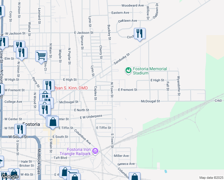 map of restaurants, bars, coffee shops, grocery stores, and more near 530 McDougal Street in Fostoria