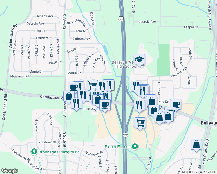 map of restaurants, bars, coffee shops, grocery stores, and more near 1802 Gregg Road in Bellevue