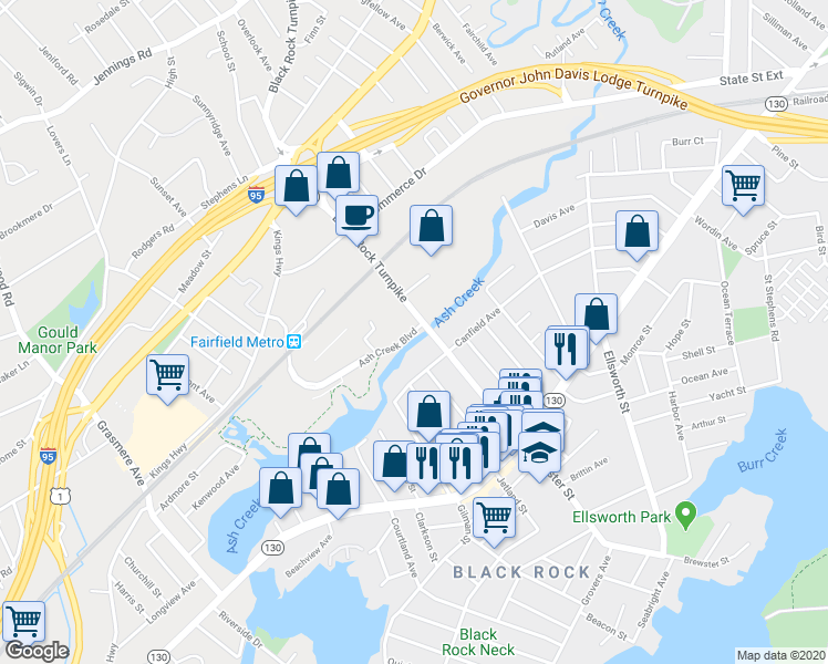 map of restaurants, bars, coffee shops, grocery stores, and more near 21 Black Rock Turnpike in Fairfield