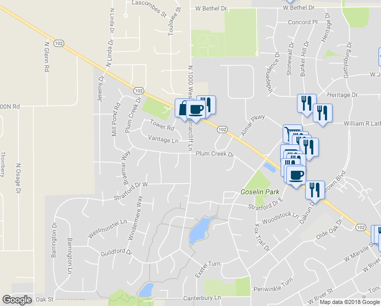 map of restaurants, bars, coffee shops, grocery stores, and more near 1101 Plum Creek Drive in Bourbonnais