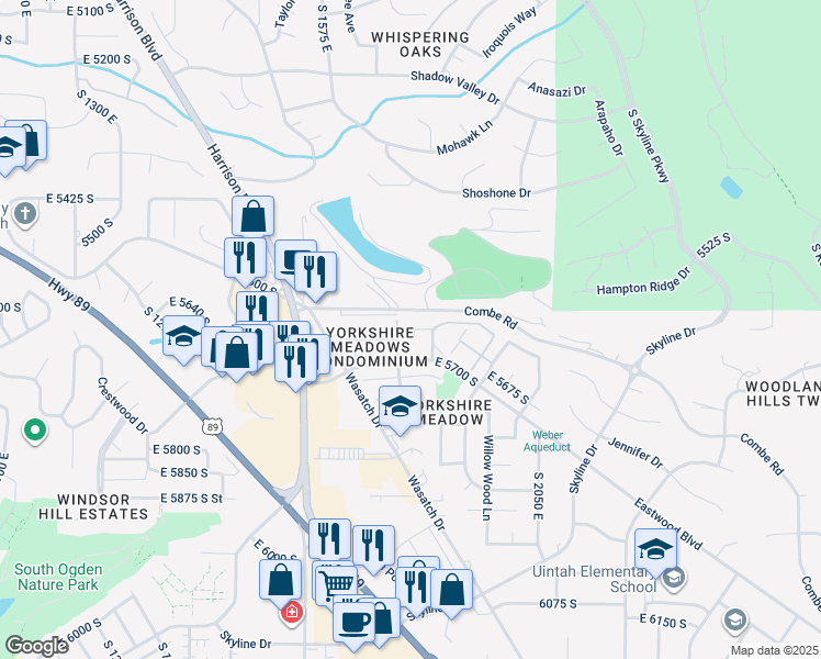map of restaurants, bars, coffee shops, grocery stores, and more near 5600 Meadow Lane in Ogden