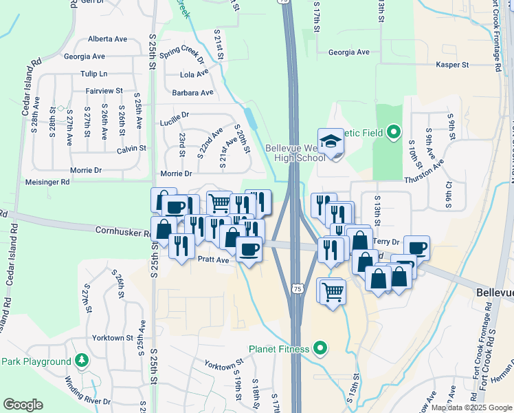 map of restaurants, bars, coffee shops, grocery stores, and more near 1802 Gregg Road in Bellevue