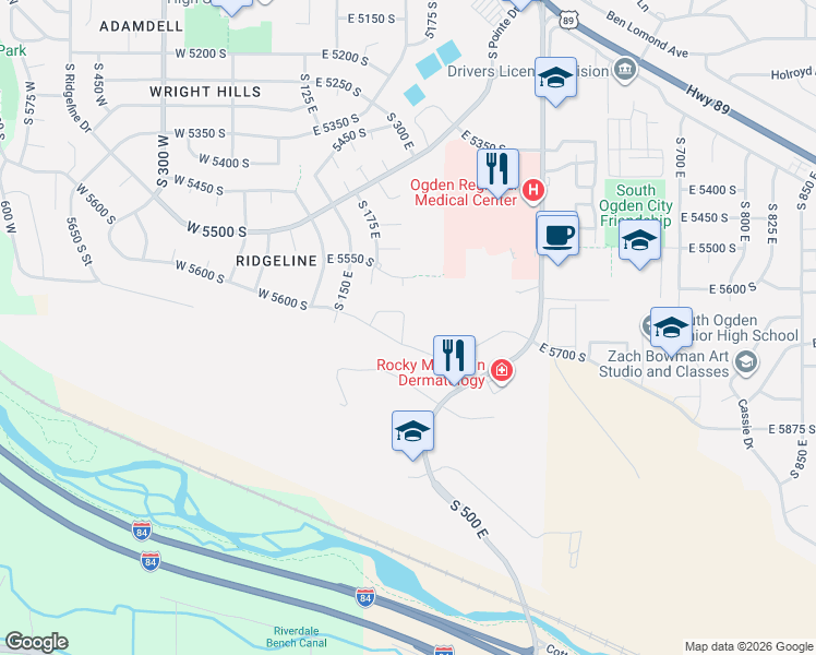 map of restaurants, bars, coffee shops, grocery stores, and more near 5586 South 250 East in Washington Terrace