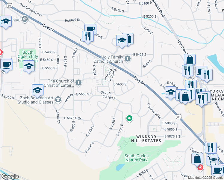 map of restaurants, bars, coffee shops, grocery stores, and more near 5643 South 1060 East in Ogden