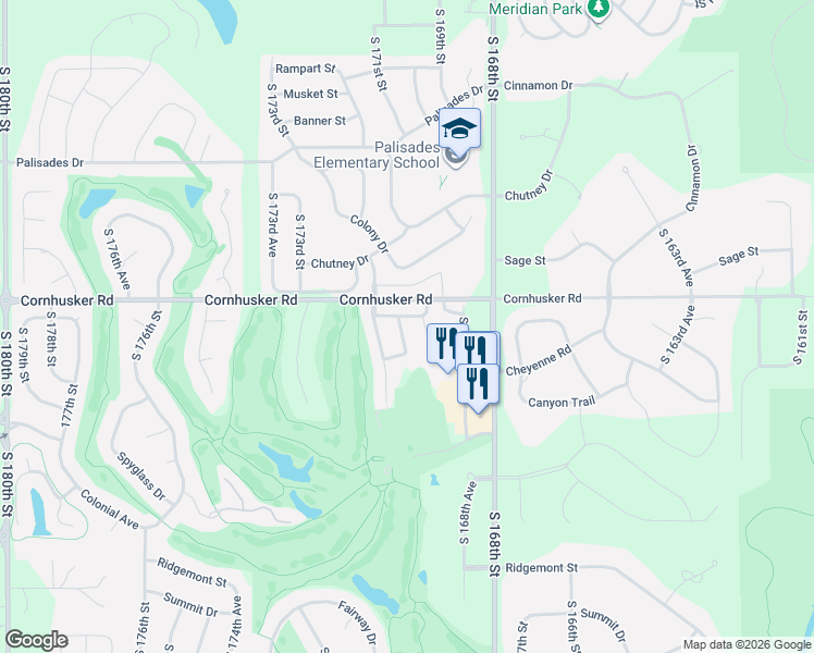 map of restaurants, bars, coffee shops, grocery stores, and more near 884 Cornhusker Road in Omaha