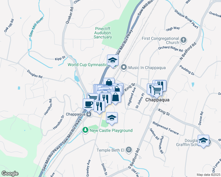 map of restaurants, bars, coffee shops, grocery stores, and more near 130 Hunts Lane in Chappaqua