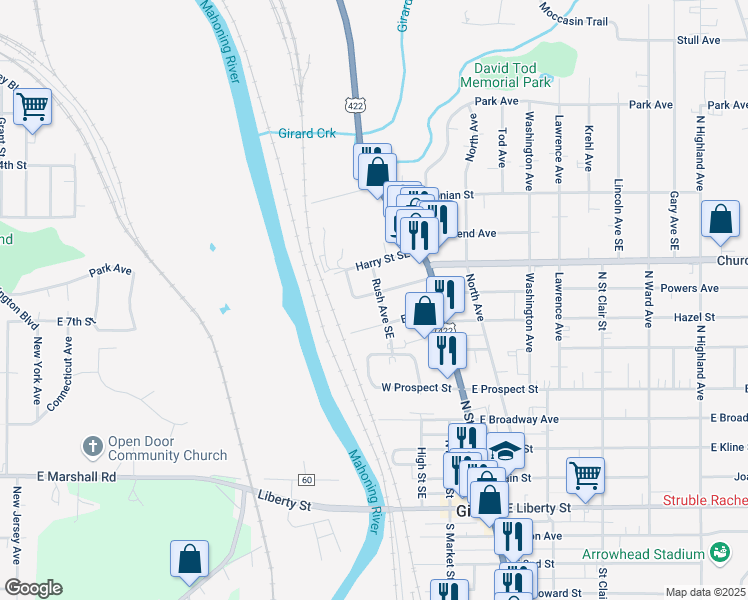 map of restaurants, bars, coffee shops, grocery stores, and more near 107 Stambaugh Street in Girard