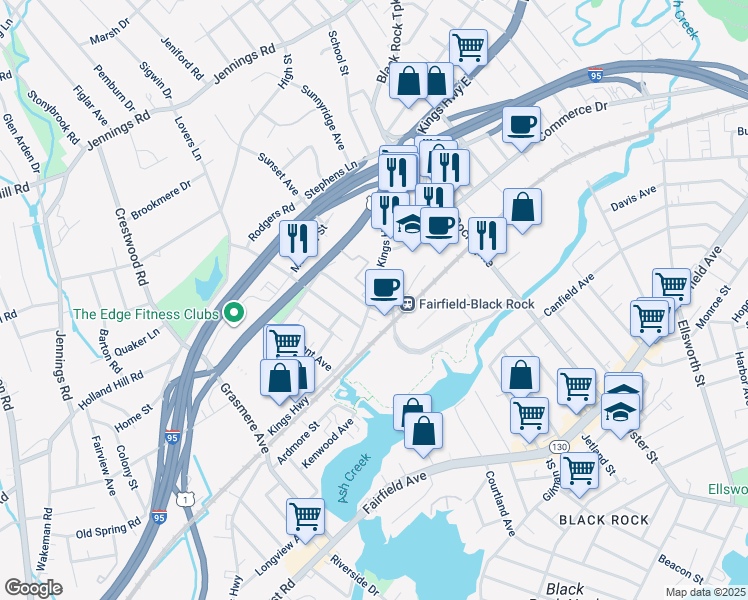 map of restaurants, bars, coffee shops, grocery stores, and more near 1401 Kings Highway in Fairfield