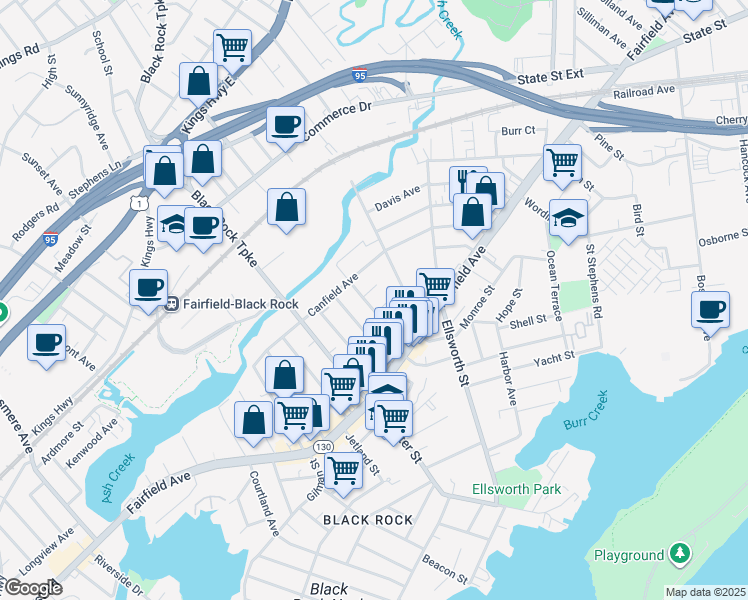 map of restaurants, bars, coffee shops, grocery stores, and more near 127 Scofield Avenue in Bridgeport