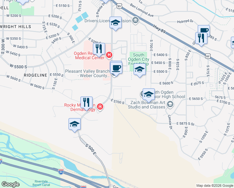 map of restaurants, bars, coffee shops, grocery stores, and more near 5594 South 600 East in Washington Terrace