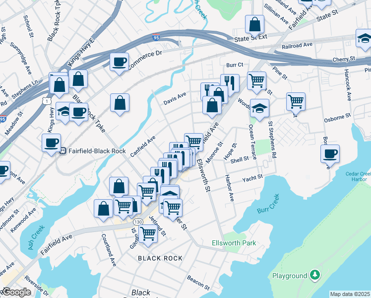 map of restaurants, bars, coffee shops, grocery stores, and more near 557 Ellsworth Street in Bridgeport