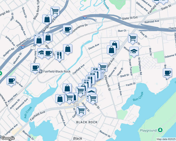 map of restaurants, bars, coffee shops, grocery stores, and more near 220 Canfield Avenue in Bridgeport