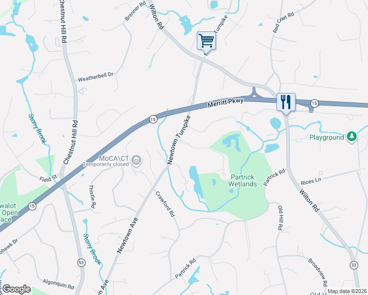map of restaurants, bars, coffee shops, grocery stores, and more near 1 Grassy Plains Road in Westport