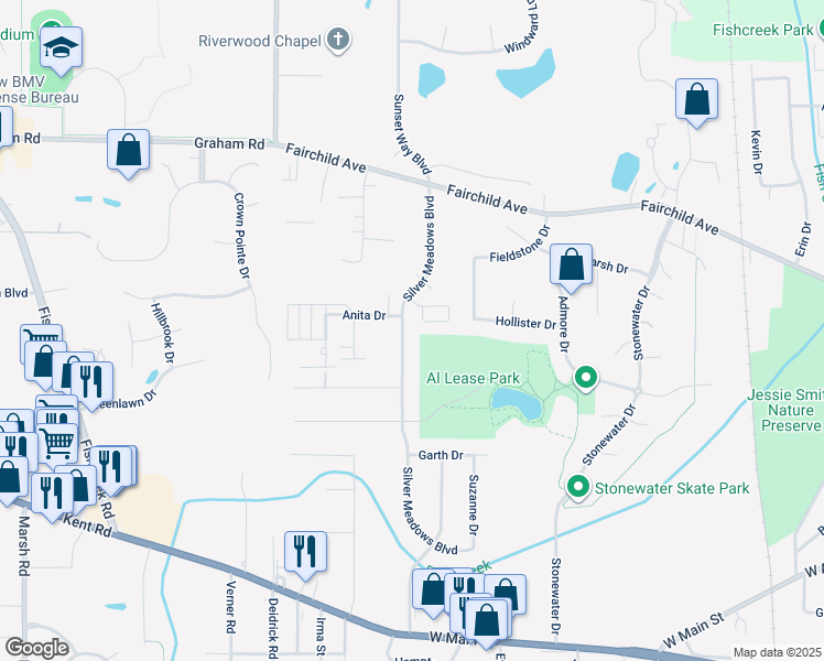 map of restaurants, bars, coffee shops, grocery stores, and more near 931 Silver Meadows Boulevard in Kent