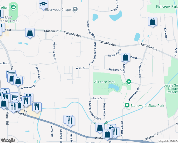 map of restaurants, bars, coffee shops, grocery stores, and more near 931 Silver Meadows Boulevard in Kent