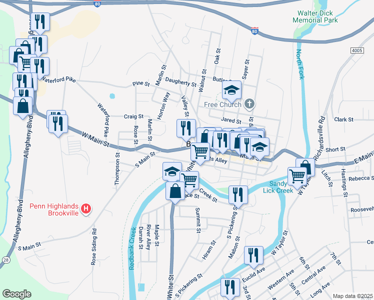 map of restaurants, bars, coffee shops, grocery stores, and more near 419 Main Street in Brookville