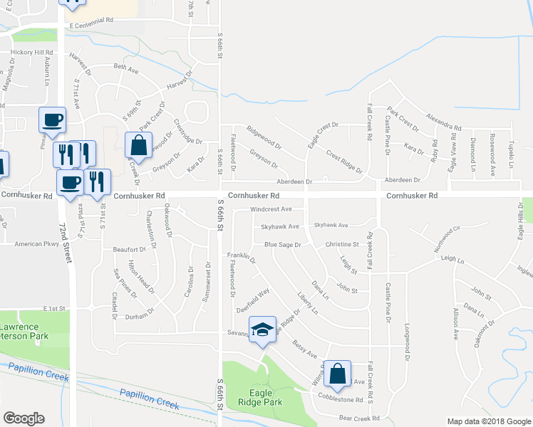 map of restaurants, bars, coffee shops, grocery stores, and more near 1905 Windcrest Avenue in Papillion
