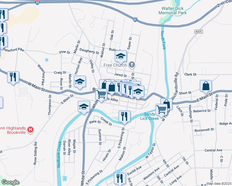 map of restaurants, bars, coffee shops, grocery stores, and more near 278 Main Street in Brookville