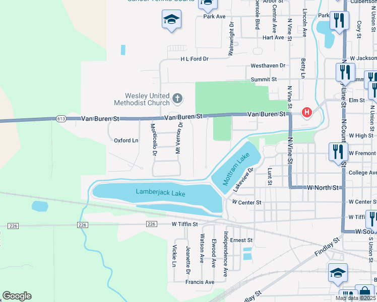 map of restaurants, bars, coffee shops, grocery stores, and more near 507 Glenview Drive in Fostoria