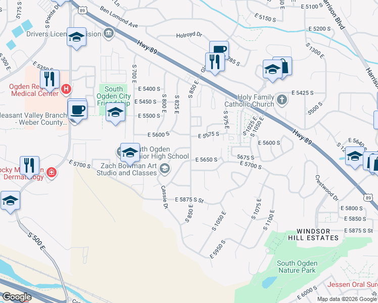 map of restaurants, bars, coffee shops, grocery stores, and more near 5619 South 850 East in Ogden