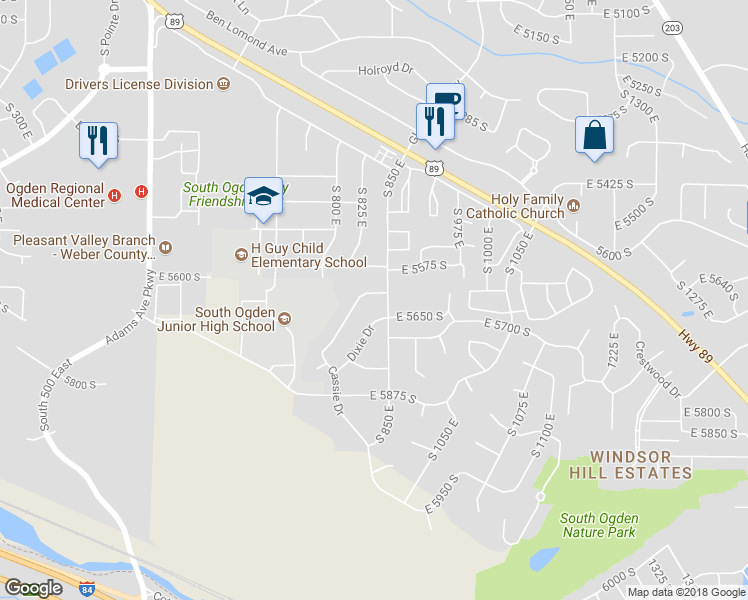 map of restaurants, bars, coffee shops, grocery stores, and more near 845 Cassie Drive in Ogden
