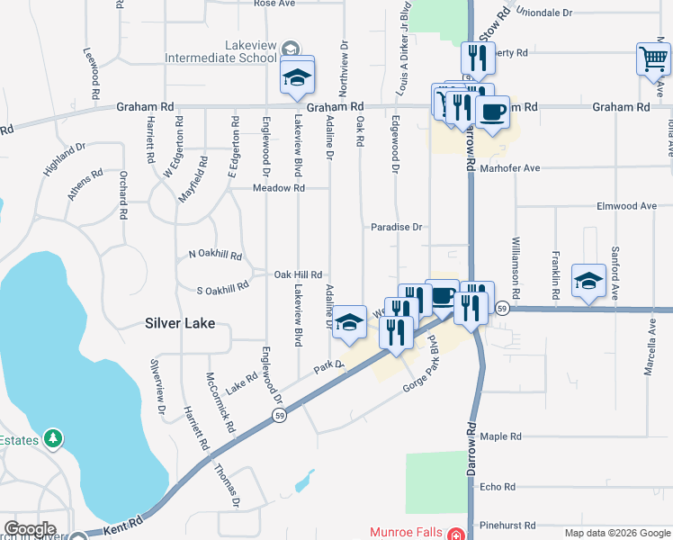 map of restaurants, bars, coffee shops, grocery stores, and more near 3492 Adaline Drive in Stow