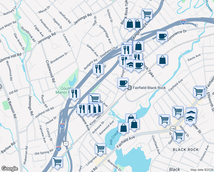 map of restaurants, bars, coffee shops, grocery stores, and more near 120 Rhode Island Avenue in Fairfield