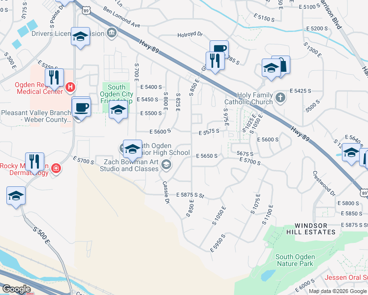 map of restaurants, bars, coffee shops, grocery stores, and more near 845 Cassie Drive in Ogden