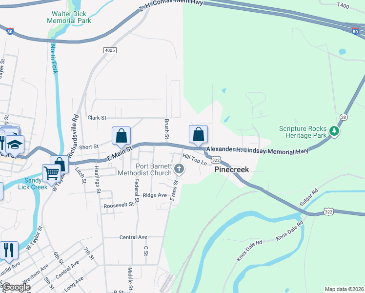 map of restaurants, bars, coffee shops, grocery stores, and more near 312 East Main Street in Brookville