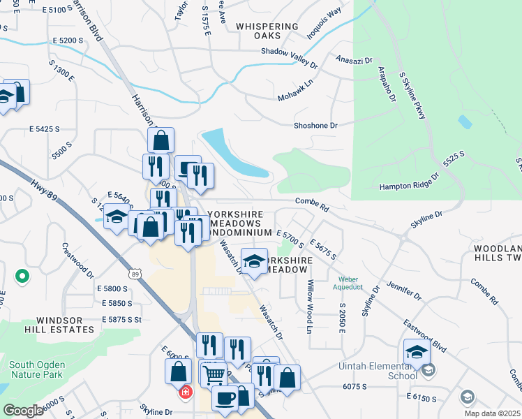 map of restaurants, bars, coffee shops, grocery stores, and more near 5630 Meadow Lane in South Ogden