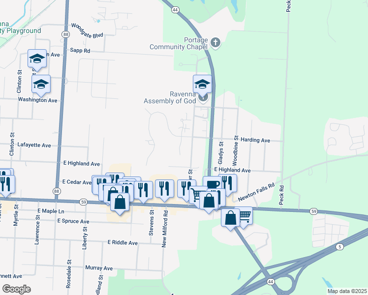 map of restaurants, bars, coffee shops, grocery stores, and more near 386 Greenbriar Drive in Ravenna