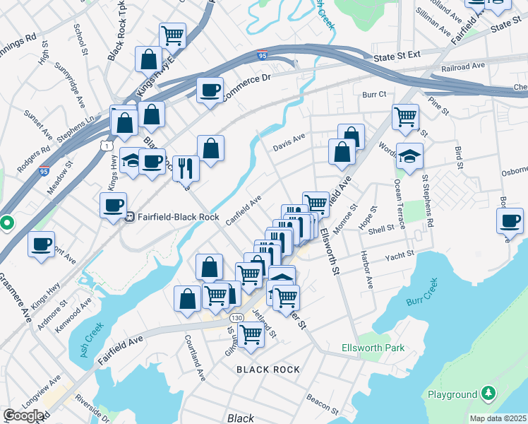 map of restaurants, bars, coffee shops, grocery stores, and more near 155 King Street in Bridgeport