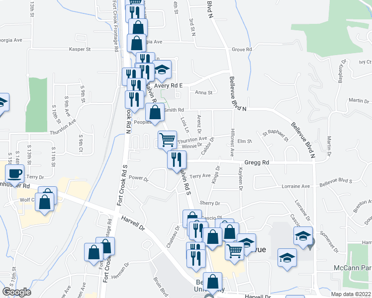 map of restaurants, bars, coffee shops, grocery stores, and more near 2005 Winnie Drive in Bellevue