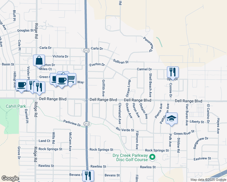map of restaurants, bars, coffee shops, grocery stores, and more near 4309 Rose Court in Cheyenne