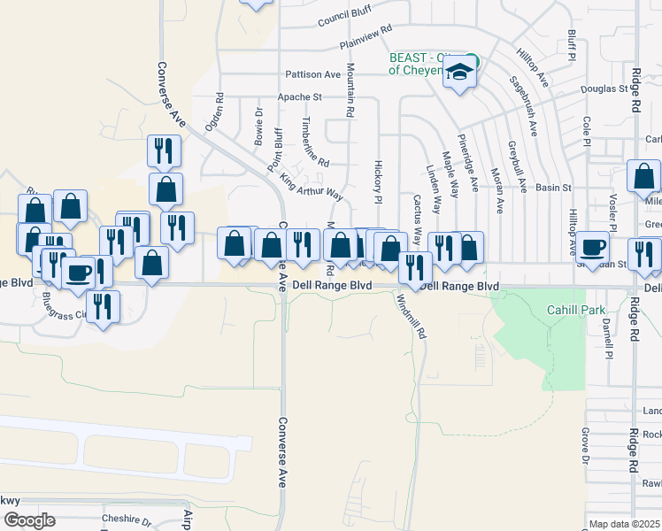 map of restaurants, bars, coffee shops, grocery stores, and more near 4710 King Arthur Way in Cheyenne